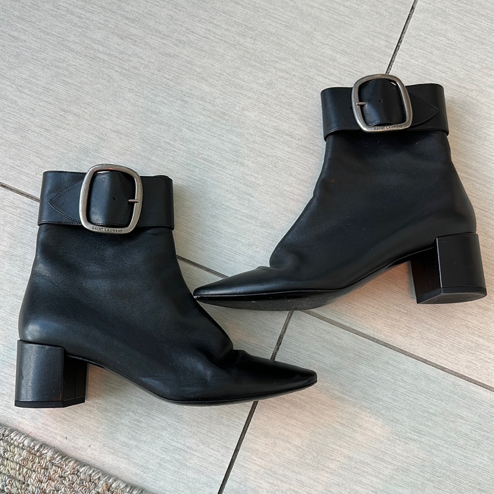 Saint Laurent Black Leather Buckle Booties